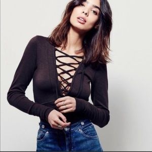Free People Lucky Lace Up Top Long Sleeve Black XS
